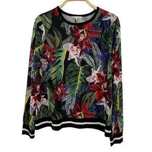 C&C California Floral Top Women M Black Red Tropical Split Back Long Slv
